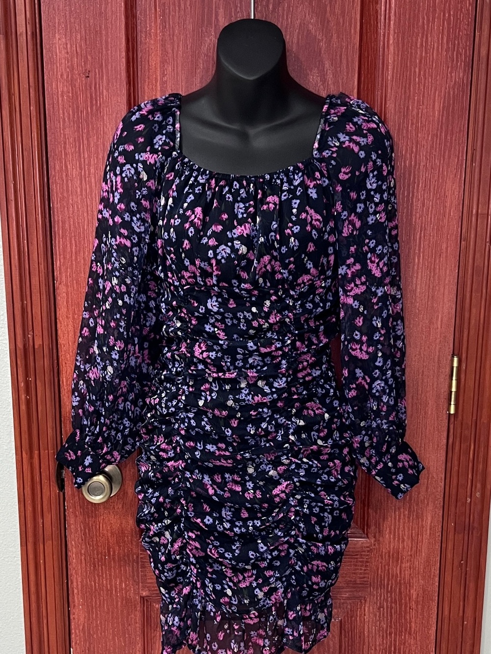 EillyBazar XS Floral Ruched Mini Dress Game Day Square Neck Puff Sleeve